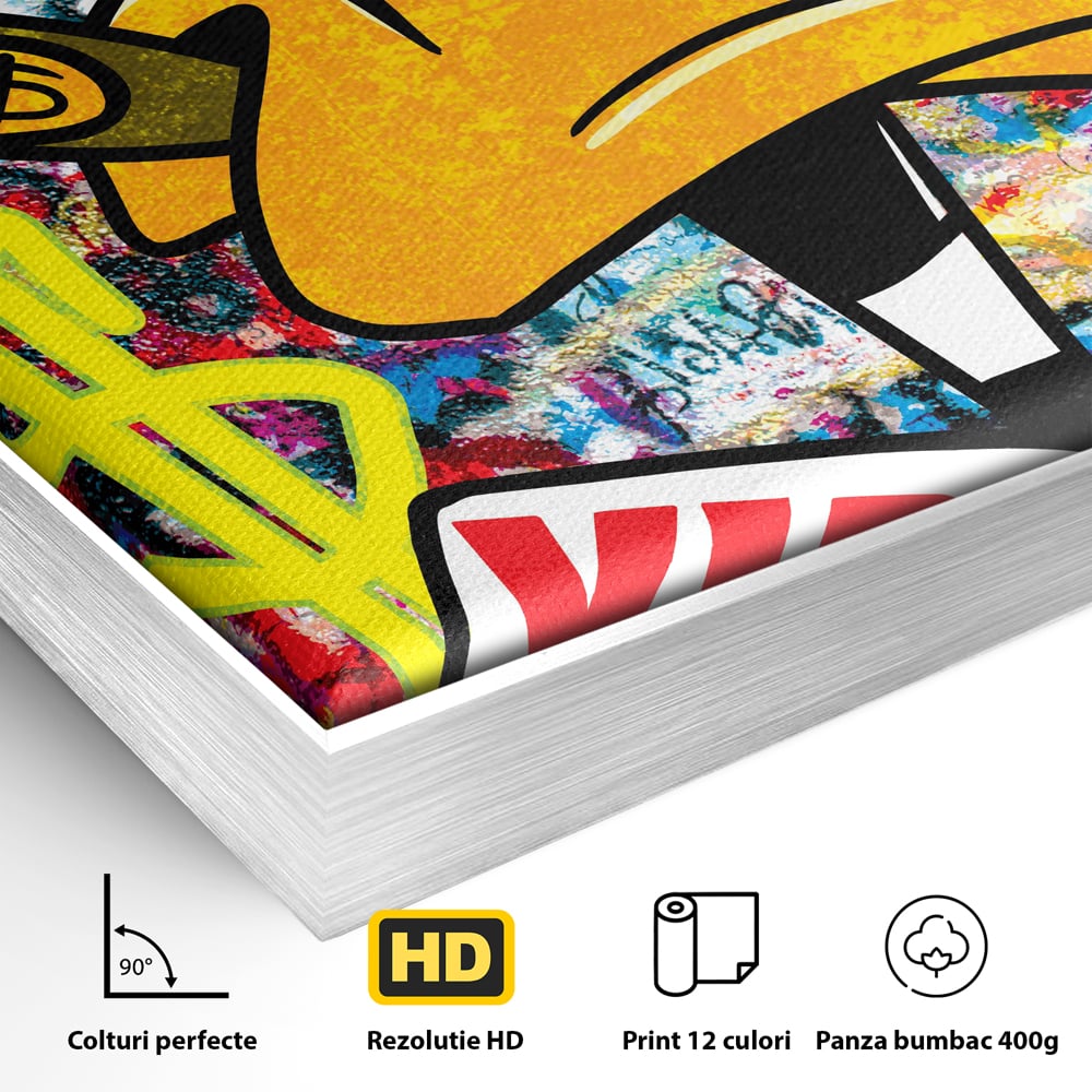 Detaliu al suprafetei: tablou canvas cu daffy duck si dolari, in rama de aluminiu argintiu